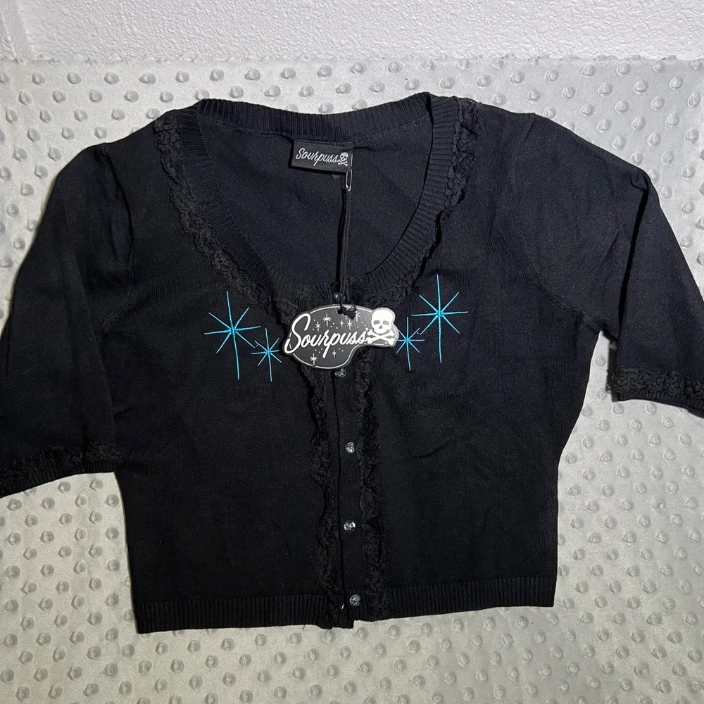 Sourpuss Black Form Fitting Cardigan with Aqua Starburst and Lace Sz XL NWT - Picture 5 of 10